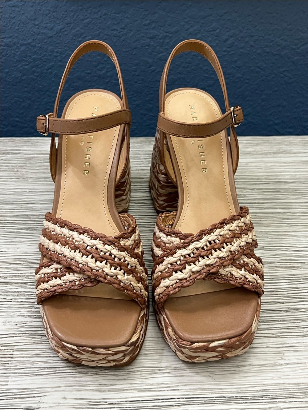 NEW!!! Marc Fisher Juliey Tan and Cream Braided Platform Sandals - Picture 2 of 7
